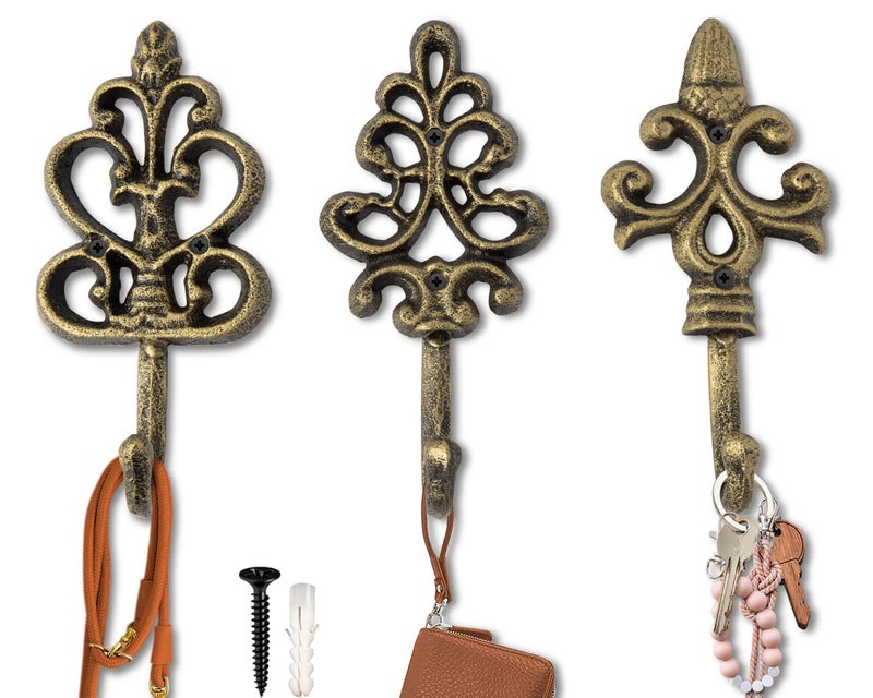 Comfify Shabby Chic Decorative Wall Hooks - Set of 3 - Cast Iron French Country Wall Decor - Farmhouse Hangers for Coats, Purses and More - Gold with Black - Image 1